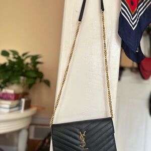 Saint Laurent Cassandre Leather YSL Black Purse on a Chain Crossbody Bag